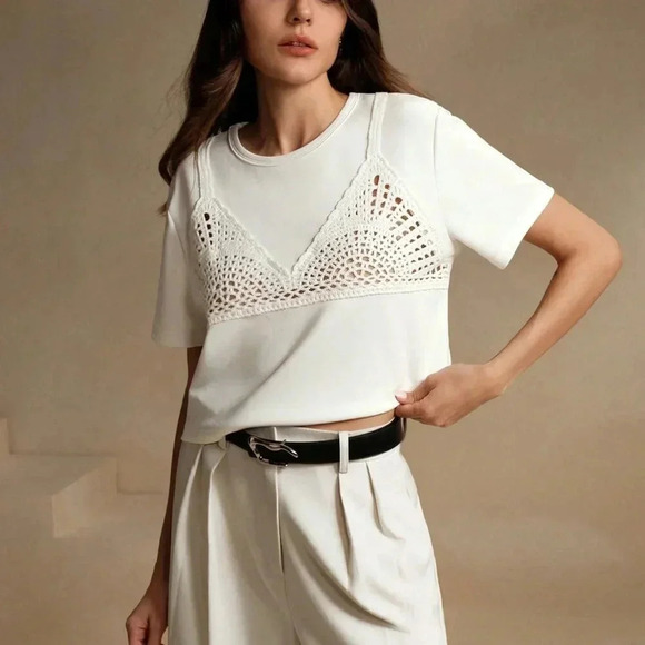 White Casual Women's Round Neck Short Sleeve Lace Patchwork Loose Crop Top - Picture 7 of 7